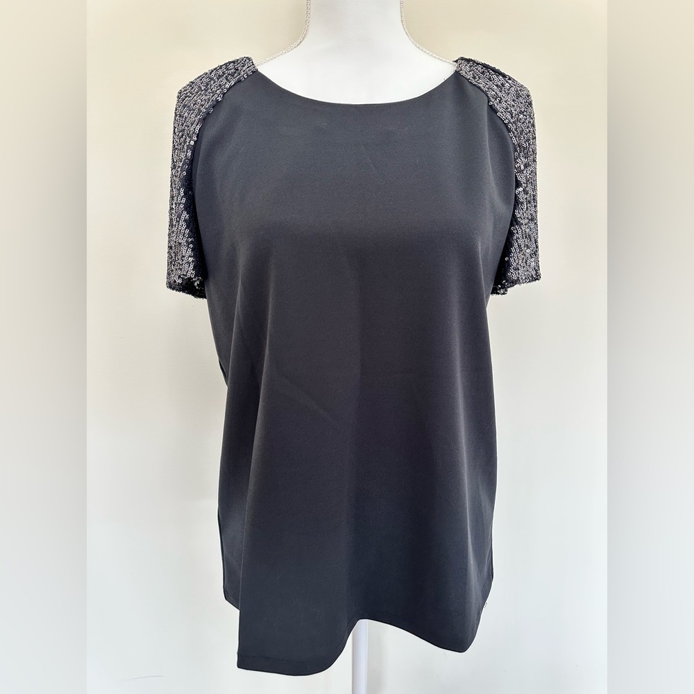 Ann Taylor Black Blouse with Textured Sequin Sleeves